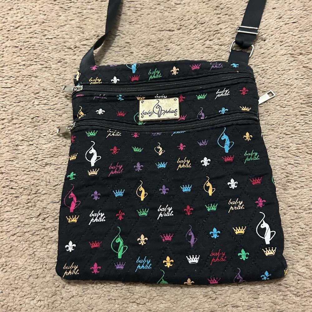 Y2K Baby Phat Crossbody Bag Black W Multicolor Logo Vintage Quilted
